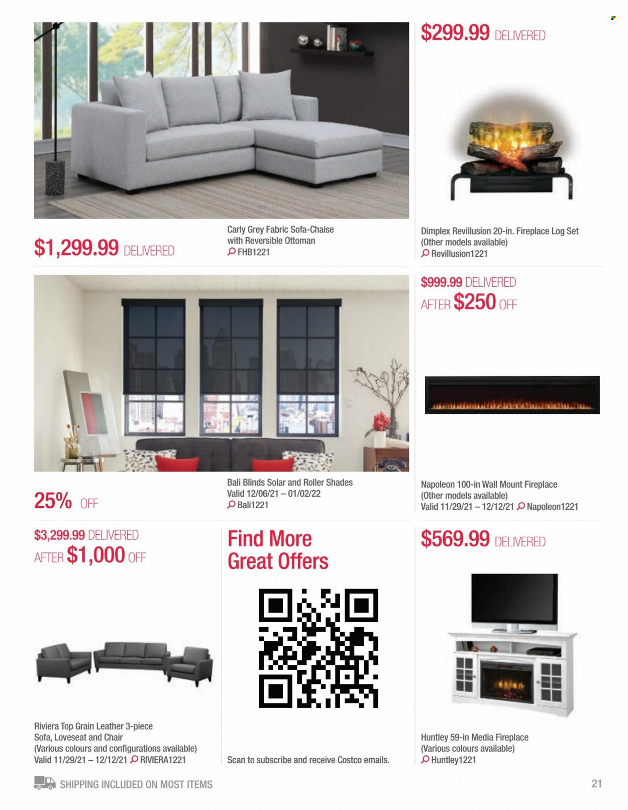 thumbnail - Costco Flyer - December 01, 2021 - December 31, 2021 - Sales products - shades, roller, chair, 3-piece sectional, loveseat, sofa, ottoman, fireplace. Page 21.