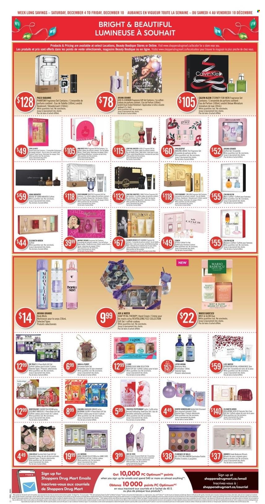 thumbnail - Shoppers Drug Mart Flyer - December 04, 2021 - December 10, 2021 - Sales products - gift set, soap, Paco Rabanne, Palette, hand cream, anti-perspirant, eau de parfum, Eclat, fragrance, Lotus, Calvin Klein, eau de toilette, deodorant. Page 17.
