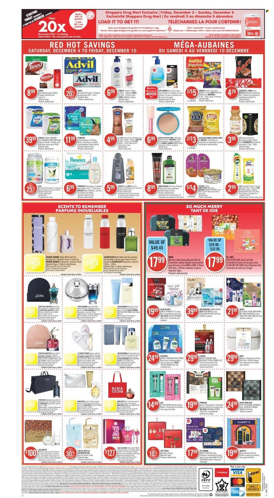 thumbnail - Shoppers Drug Mart Flyer - December 04, 2021 - December 10, 2021 - Sales products - chocolate, Haribo, Lay’s, Boost, Similac, pants, nappies, serum, Olay, Curél, Advil Rapid, Nestlé, Calvin Klein, Dove, Neutrogena, Pampers, chips. Page 24.