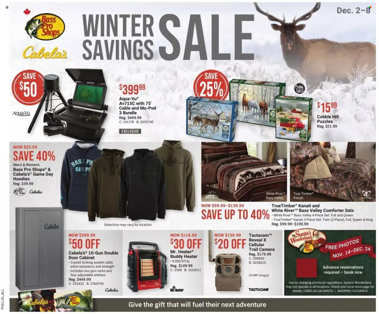 thumbnail - Bass Pro Shops Flyer - December 02, 2021 - December 08, 2021 - Sales products - Santa, comforter, trail cam, hoodie, Bass Pro, gun, camera. Page 1.