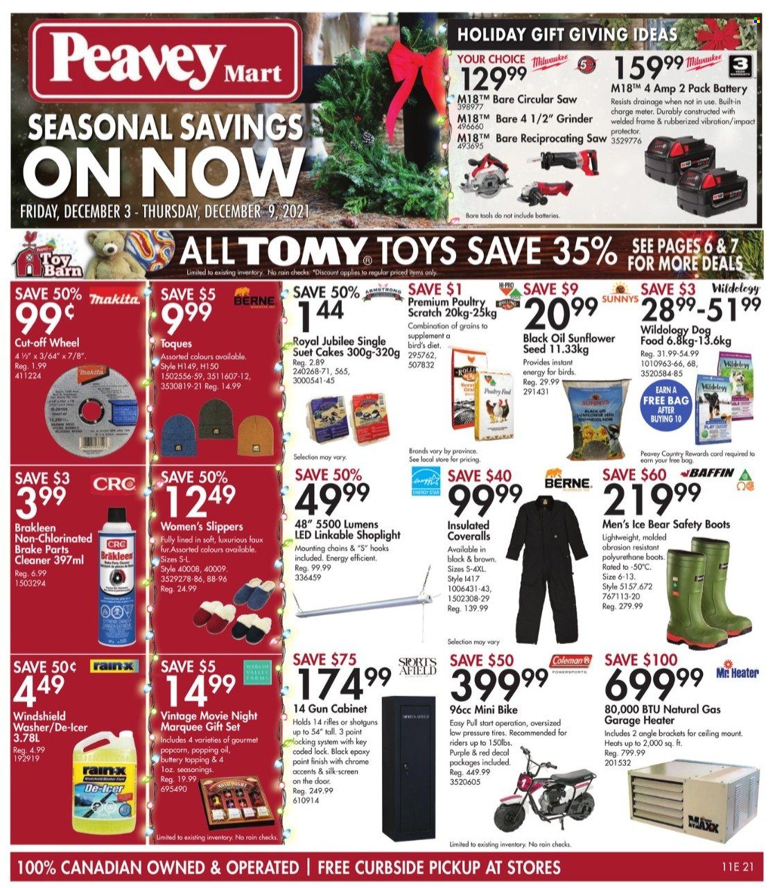 thumbnail - Peavey Mart Flyer - December 03, 2021 - December 09, 2021 - Sales products - animal food, dog food, suet, plant seeds, suet cakes, boots, slippers, Coleman, Makita, grinder, circular saw, saw, reciprocating saw, cabinet, brake cleaner, cleaner, tires. Page 1.