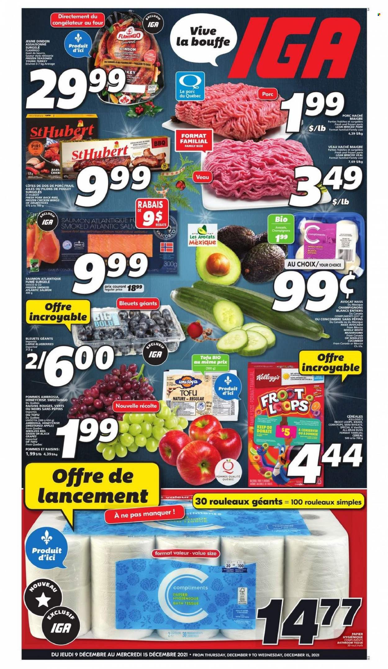 thumbnail - IGA Flyer - December 09, 2021 - December 15, 2021 - Sales products - mushrooms, Ace, apples, avocado, blueberries, grapes, salmon, tofu, chicken wings, Kellogg's, cereals, Corn Pops, All-Bran, dried fruit, chicken, pork meat, pork ribs, pork back ribs, raisins. Page 1.