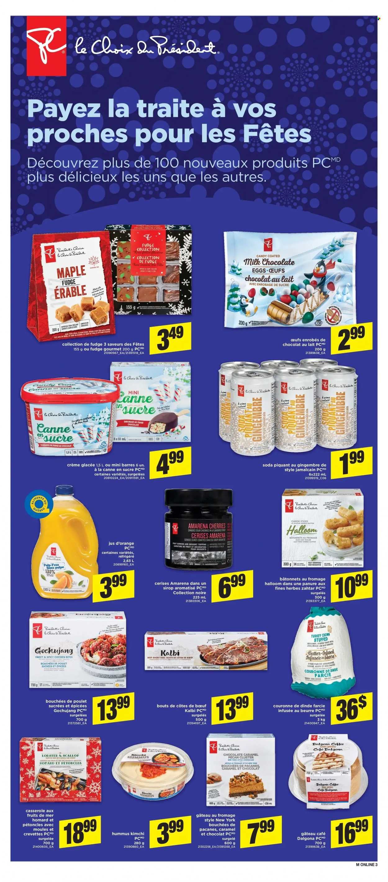 thumbnail - Maxi Flyer - December 09, 2021 - December 15, 2021 - Sales products - cheesecake, cherries, lobster, scallops, hummus, cheese, eggs, chicken bites, cheese sticks, fudge, milk chocolate, chocolate, topping, caramel, maple syrup, syrup, soda, turkey, turkey crown, beef ribs, oranges. Page 8.