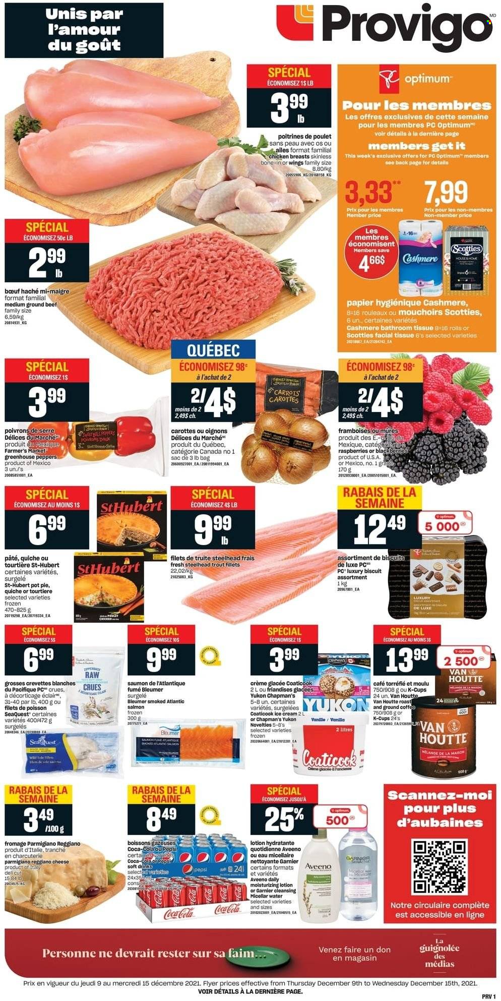 thumbnail - Provigo Flyer - December 09, 2021 - December 15, 2021 - Sales products - pie, pot pie, carrots, peppers, salmon, trout, cheese, Parmigiano Reggiano, ice cream, quiche, biscuit, Coca-Cola, Pepsi, soft drink, coffee capsules, K-Cups, chicken breasts, beef meat, ground beef, Aveeno, bath tissue, micellar water, body lotion, Garnier. Page 1.