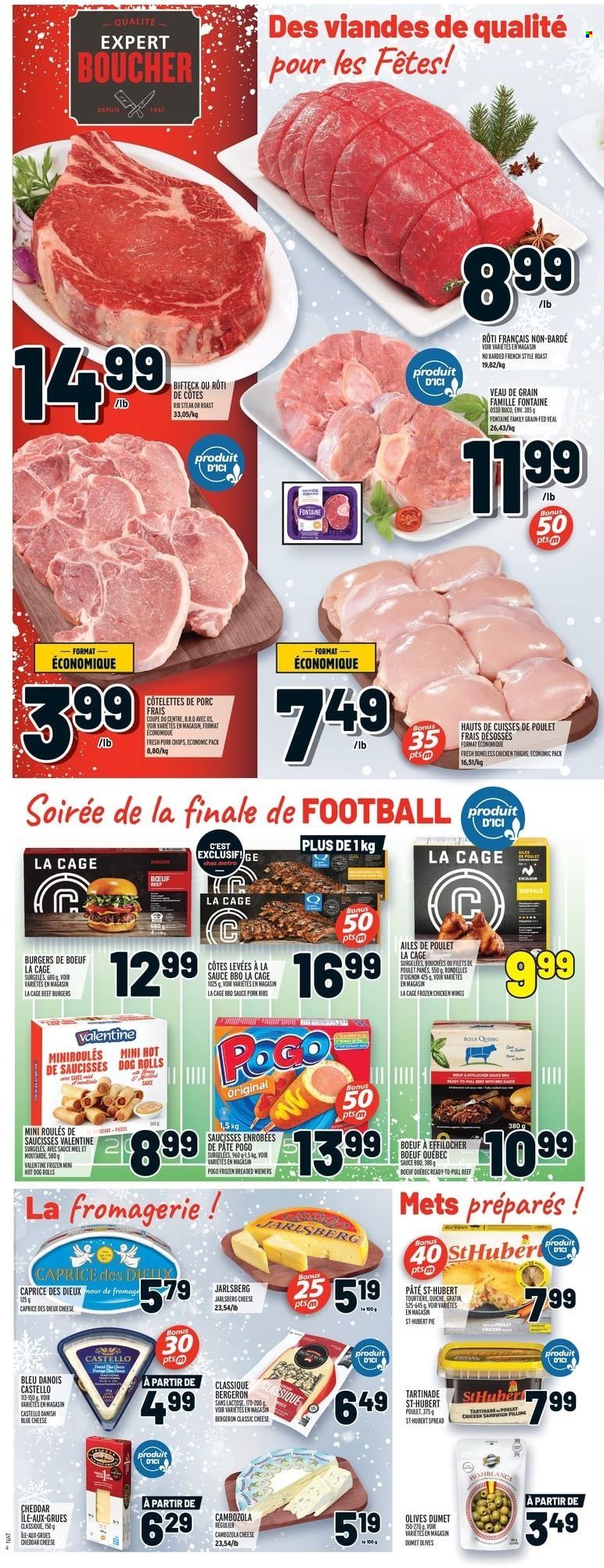 thumbnail - Metro Flyer - December 09, 2021 - December 15, 2021 - Sales products - sandwich, hamburger, sauce, beef burger, blue cheese, cheddar, cheese, chicken wings, quiche, chicken thighs, chicken, pork chops, pork meat, pork ribs, cage, olives, steak. Page 7.