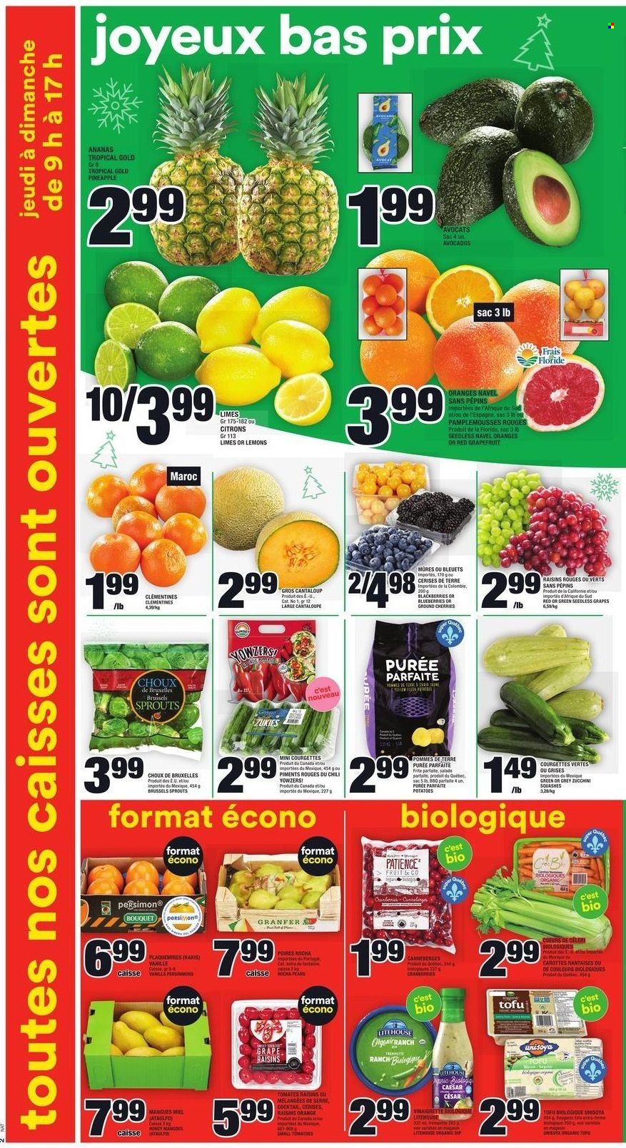 thumbnail - Super C Flyer - December 09, 2021 - December 15, 2021 - Sales products - cantaloupe, potatoes, brussel sprouts, avocado, blueberries, clementines, grapefruits, limes, seedless grapes, pineapple, cherries, lemons, navel oranges, tofu, dip, dried fruit, raisins, oranges. Page 3.