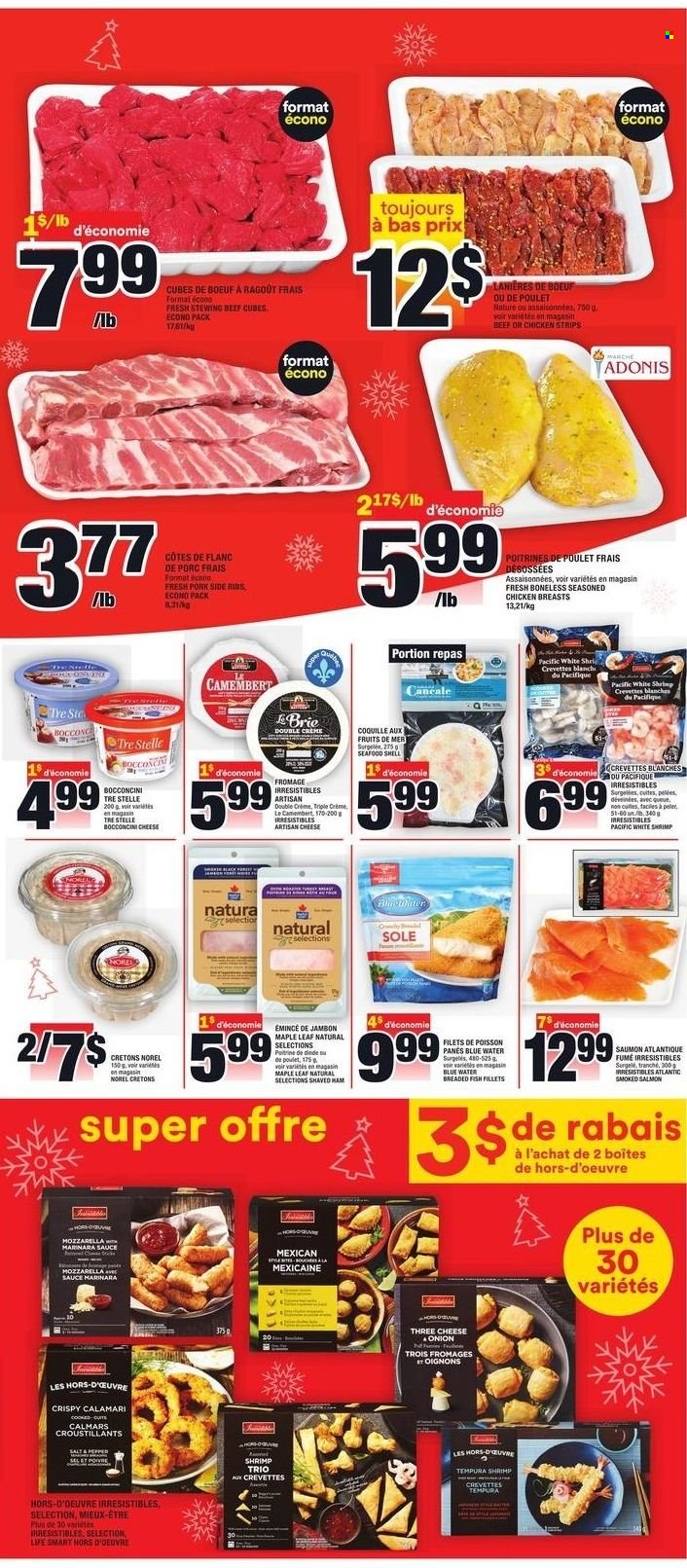 thumbnail - Super C Flyer - December 09, 2021 - December 15, 2021 - Sales products - calamari, fish fillets, salmon, smoked salmon, seafood, fish, shrimps, sauce, breaded fish, ham, bocconcini, cheese, strips, chicken strips, beef meat, stewing beef, camembert, mozzarella. Page 6.
