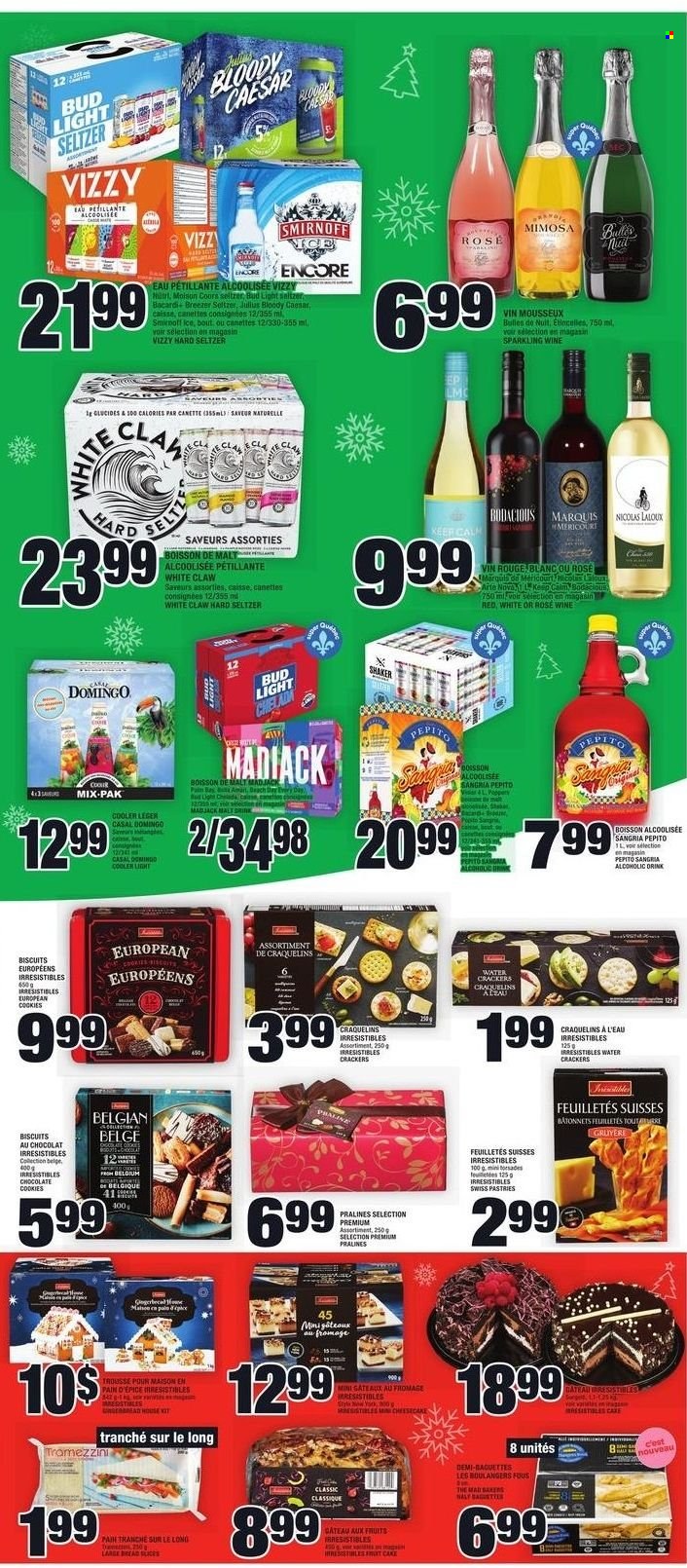 thumbnail - Super C Flyer - December 09, 2021 - December 15, 2021 - Sales products - cake, Gruyere, cookies, chocolate, chocolate cookies, crackers, biscuit, malt, sparkling wine, wine, rosé wine, Bacardi, Smirnoff, White Claw, Hard Seltzer, beer, Bud Light, baguette, pralines, Coors. Page 10.