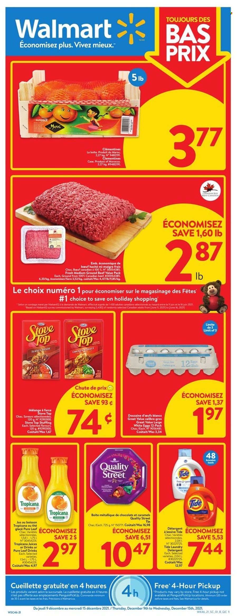 Walmart Flyer - December 09, 2021 - December 15, 2021 - Sales products - clementines, eggs, juice, Pure Leaf, beef meat, ground beef, Tide, laundry detergent, stove, detergent. Page 1.