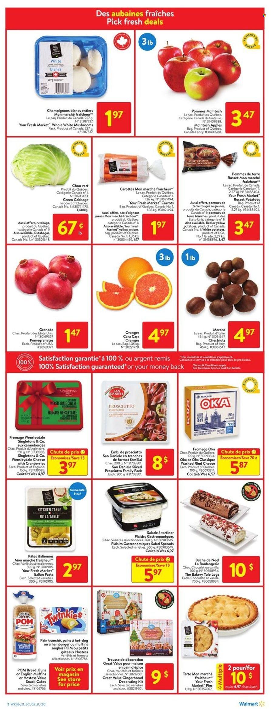thumbnail - Walmart Flyer - December 09, 2021 - December 15, 2021 - Sales products - mushrooms, english muffins, cake, buns, gingerbread, cabbage, carrots, russet potatoes, potatoes, salad, pomegranate, hamburger, pasta, prosciutto, Wensleydale, cheese, chocolate, snack, cranberries, chestnuts, table, kitchen table, desk, rutabaga, oranges. Page 2.
