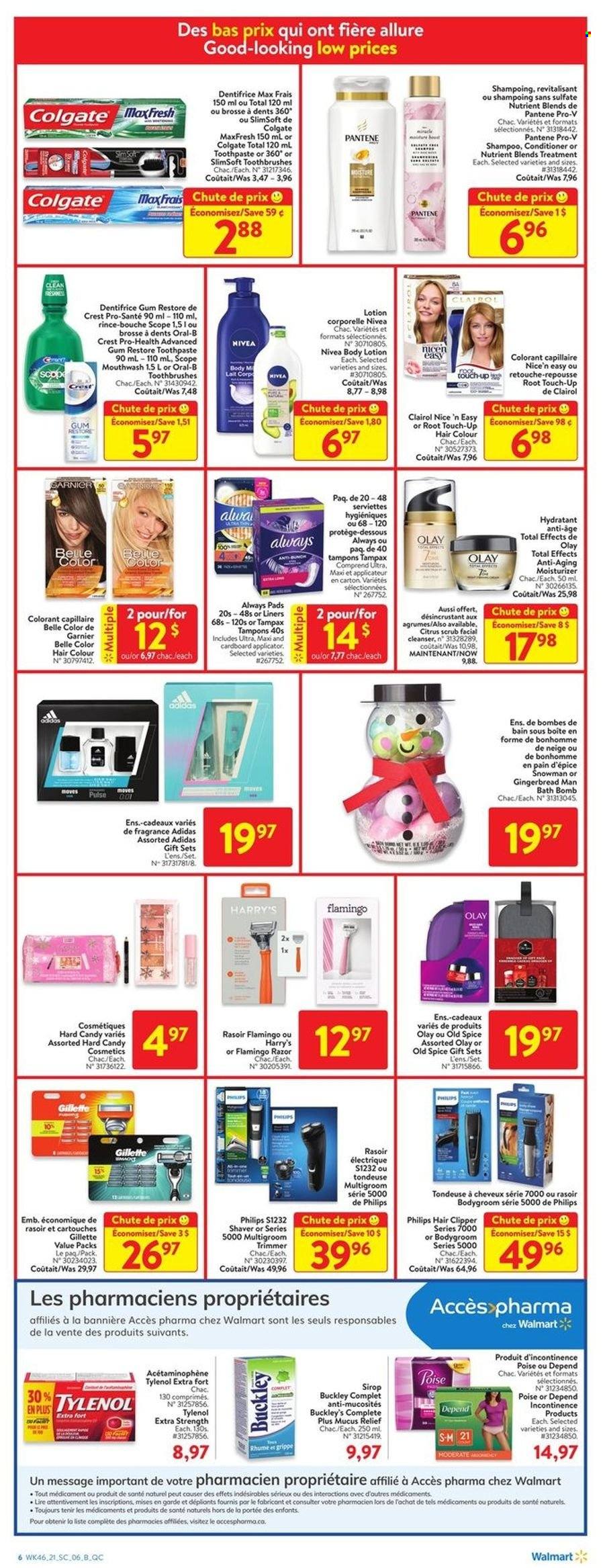 thumbnail - Walmart Flyer - December 09, 2021 - December 15, 2021 - Sales products - Philips, gingerbread, spice, bath bomb, toothpaste, mouthwash, Crest, Always pads, tampons, cleanser, moisturizer, Olay, Root Touch-Up, Clairol, conditioner, hair color, body lotion, fragrance, razor, shaver, trimmer, hair clipper, scope, Tylenol, Adidas, Colgate, Garnier, Gillette, shampoo, Tampax, Pantene, Nivea, Old Spice, Oral-B. Page 9.