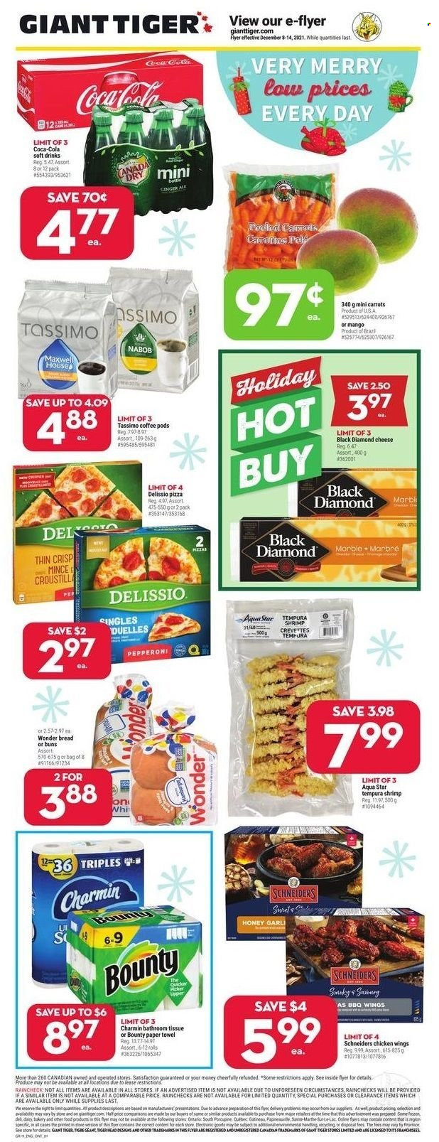 thumbnail - Giant Tiger Flyer - December 08, 2021 - December 14, 2021 - Sales products - bread, buns, carrots, shrimps, pizza, pepperoni, chicken wings, Bounty, honey, Coca-Cola, soft drink, Maxwell House, coffee pods, bath tissue, paper towels, Charmin. Page 1.