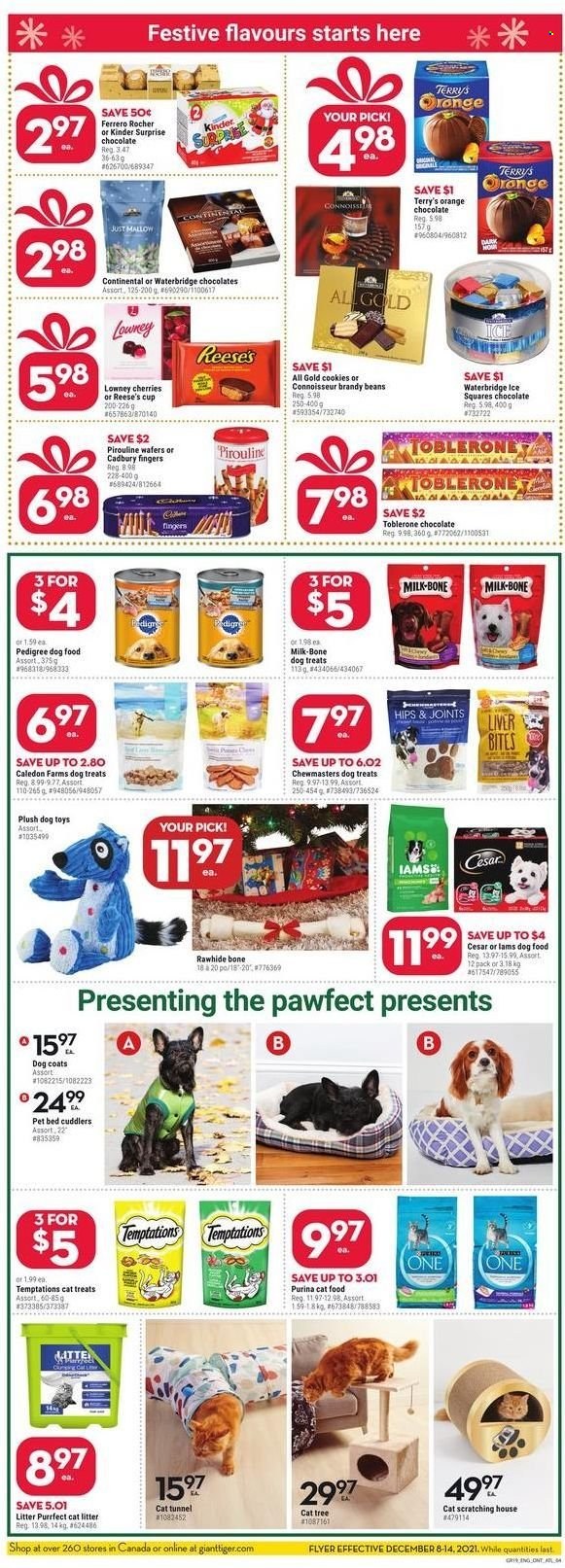 thumbnail - Giant Tiger Flyer - December 08, 2021 - December 14, 2021 - Sales products - beans, cherries, Continental, milk, Reese's, cookies, wafers, chocolate, Toblerone, Cadbury, brandy, cup, cat litter, pet bed, dog toy, cat tree, rustle tunnel, animal food, cat food, dog food, Purina, Pedigree, Iams, coat, Ferrero Rocher, oranges. Page 4.