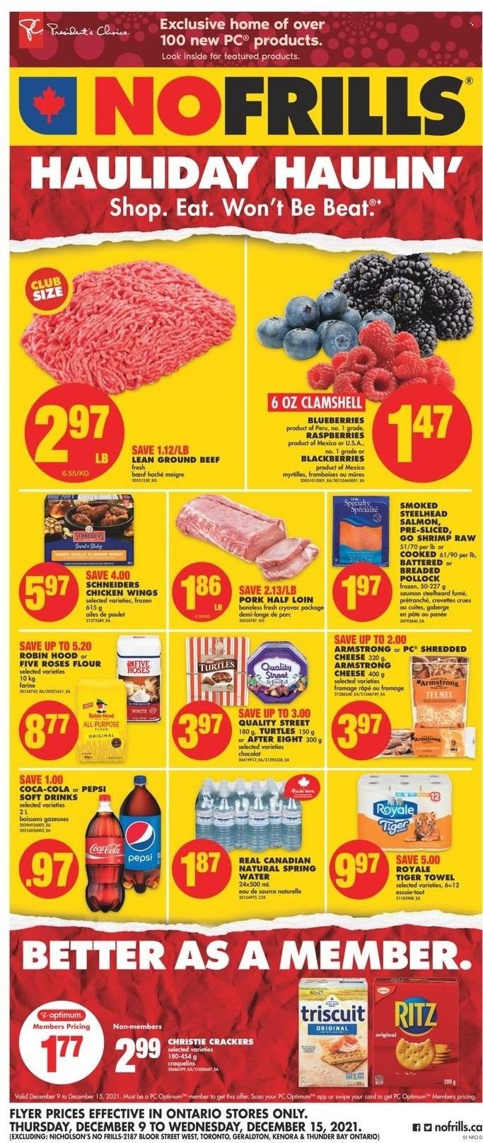 thumbnail - No Frills Flyer - December 09, 2021 - December 15, 2021 - Sales products - blackberries, blueberries, salmon, pollock, shrimps, shredded cheese, chicken wings, crackers, After Eight, RITZ, flour, Coca-Cola, Pepsi, soft drink, spring water, beef meat, ground beef, towel, turtles, Optimum. Page 1.