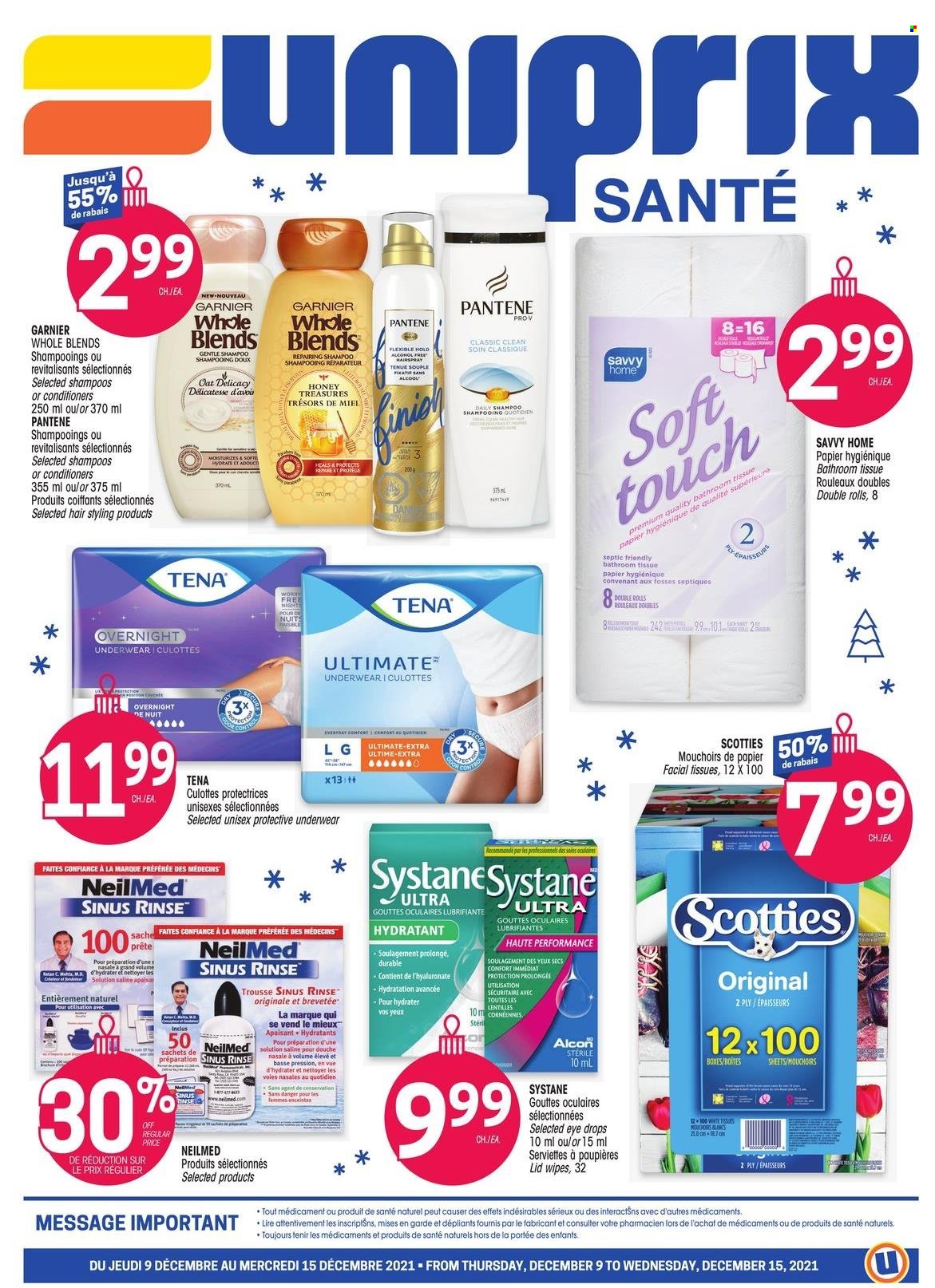 thumbnail - Uniprix Santé Flyer - December 09, 2021 - December 15, 2021 - Sales products - oats, wipes, bath tissue, facial tissues, eye drops, Garnier, shampoo, Systane, Pantene. Page 1.