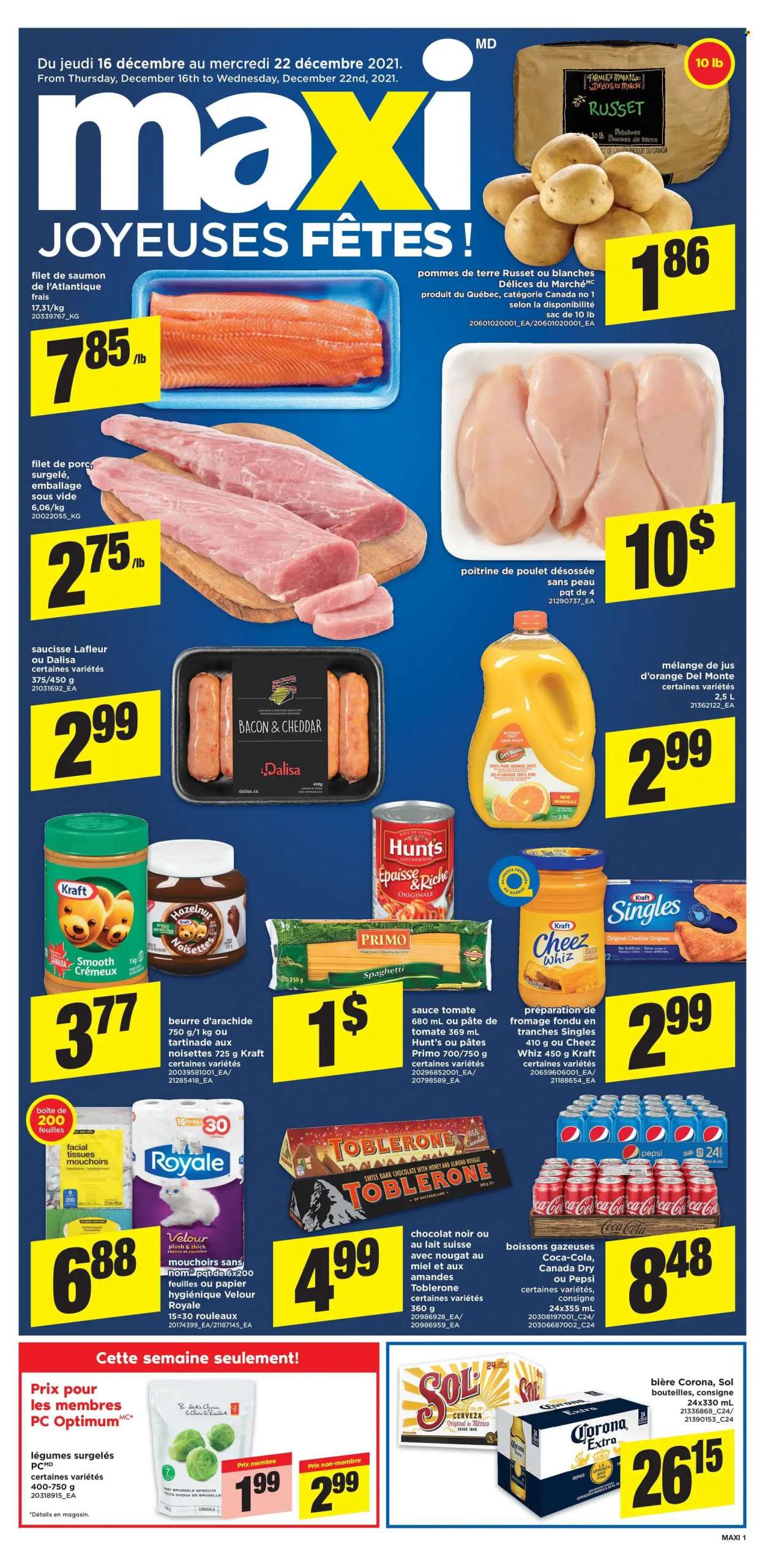 thumbnail - Maxi & Cie Flyer - December 16, 2021 - December 22, 2021 - Sales products - russet potatoes, brussel sprouts, spaghetti, sauce, Kraft®, bacon, cheese, chocolate, dark chocolate, Toblerone, Canada Dry, Coca-Cola, Pepsi, orange juice, juice, beer, Corona Extra, Sol, tissues, facial tissues, nougat. Page 1.