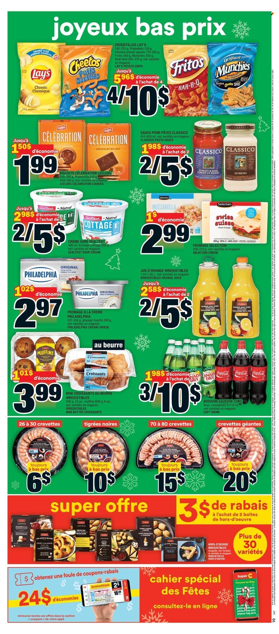 thumbnail - Super C Flyer - December 16, 2021 - December 22, 2021 - Sales products - croissant, puffs, muffin, pasta sauce, sauce, cream cheese, cheese, sour cream, cookies, snack, Celebration, biscuit, Fritos, potato chips, Cheetos, Lay’s, Classico, Coca-Cola, orange juice, juice, Sure, mozzarella, Philadelphia, chips. Page 2.