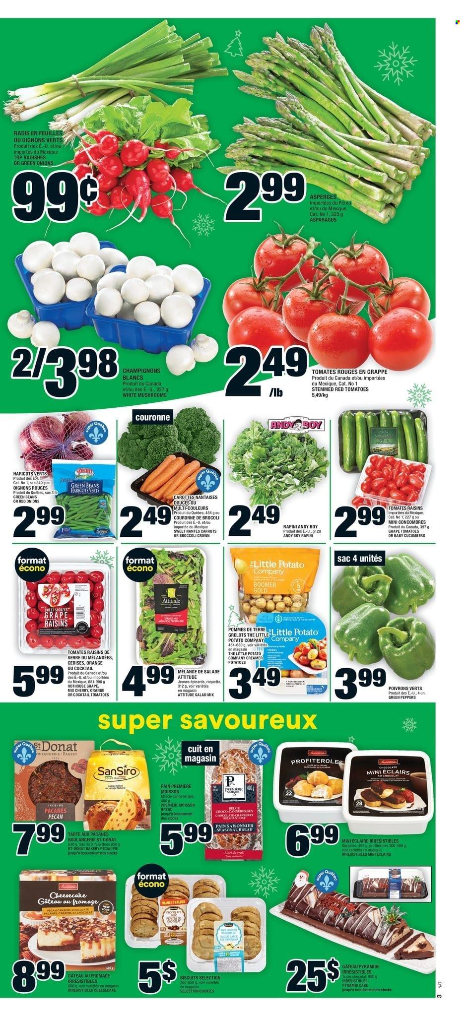 thumbnail - Super C Flyer - December 16, 2021 - December 22, 2021 - Sales products - bread, cake, pie, panettone, cheesecake, asparagus, beans, broccoli, carrots, cucumber, green beans, radishes, red onions, tomatoes, potatoes, salad, peppers, green onion, cherries, creamer, cookies, chocolate, biscuit, caramel, dried fruit, raisins, oranges. Page 4.