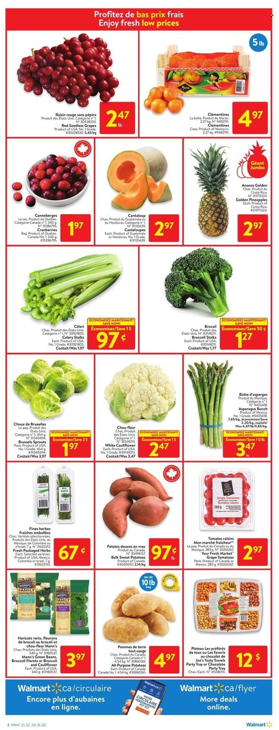 thumbnail - Walmart Flyer - December 16, 2021 - December 24, 2021 - Sales products - asparagus, broccoli, cantaloupe, cauliflower, celery, green beans, sweet potato, tomatoes, potatoes, brussel sprouts, sleeved celery, clementines, seedless grapes, pineapple, chocolate, cranberries, dried fruit, raisins. Page 2.