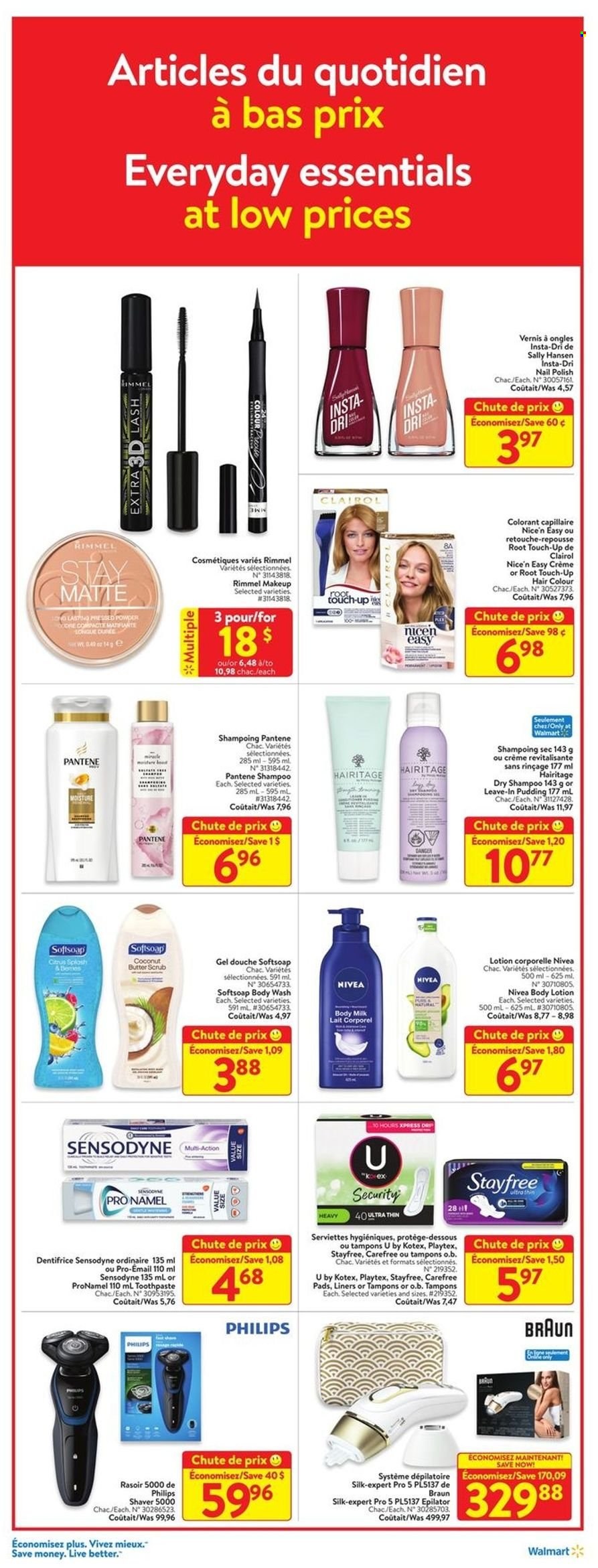 thumbnail - Walmart Flyer - December 16, 2021 - December 24, 2021 - Sales products - Philips, pudding, Silk, butter, body wash, Softsoap, toothpaste, Stayfree, Playtex, Carefree, Kotex, tampons, Root Touch-Up, Clairol, hair color, body lotion, body milk, shaver, polish, makeup, Rimmel, epilator, Braun, Sally Hansen, shampoo, Pantene, Nivea, Sensodyne. Page 11.