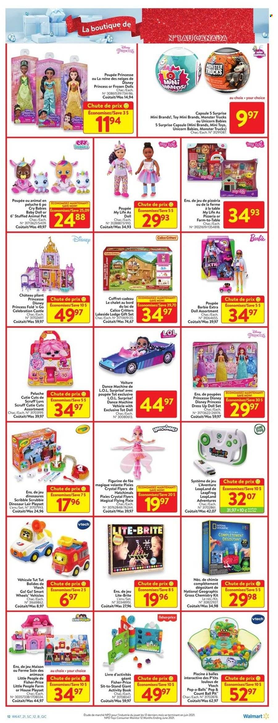 thumbnail - Walmart Flyer - December 16, 2021 - December 24, 2021 - Sales products - Disney, gift set, Celebration, Castle, Brite, shaver, Barbie, book, table, Little People, dress, doll, LeapFrog, Lite-Brite, Vtech, play set, toys, vehicle, Fisher-Price, dinosaur, princess, Monster Trucks, Go!, monitor, Hatchimals. Page 16.