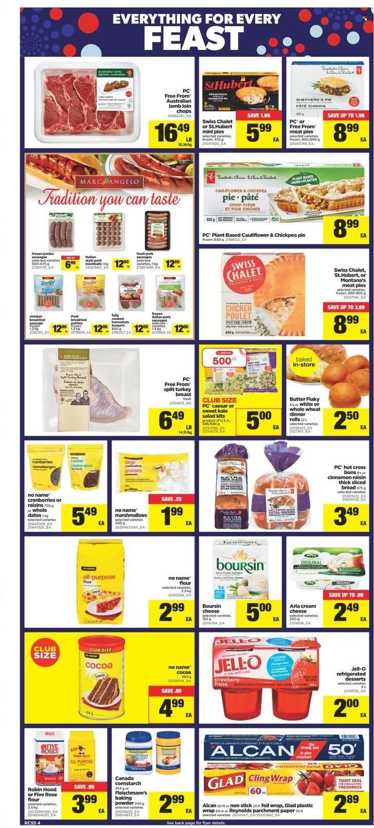 thumbnail - Real Canadian Superstore Flyer - December 16, 2021 - December 24, 2021 - Sales products - bread, pie, dinner rolls, buns, kale, salad, No Name, hamburger, sausage, cream cheese, cheese, Arla, butter, marshmallows, baking powder, cocoa, flour, Jell-O, cranberries, wine, rosé wine, turkey breast, turkey, lamb loin, lamb meat, paper. Page 4.