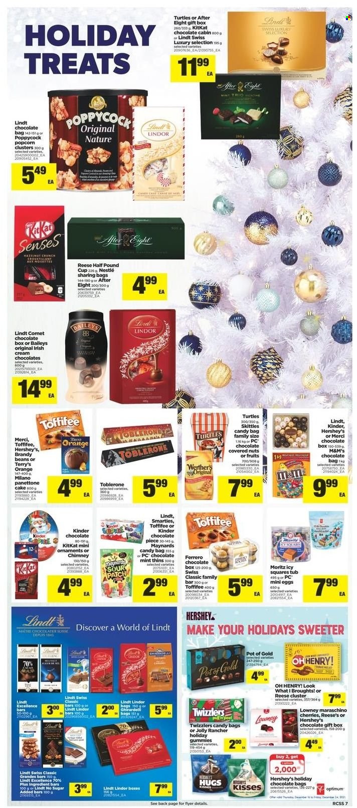 thumbnail - Real Canadian Superstore Flyer - December 16, 2021 - December 24, 2021 - Sales products - cake, panettone, beans, Reese's, Hershey's, chocolate, KitKat, Toblerone, After Eight, Merci, Skittles, Sour Patch, Thins, popcorn, Maraschino cherries, brandy, irish cream, Baileys, pot, cup, turtles, Optimum, Nestlé, Lindt, Lindor, Ferrero Rocher, Smarties, oranges, M&M's. Page 7.