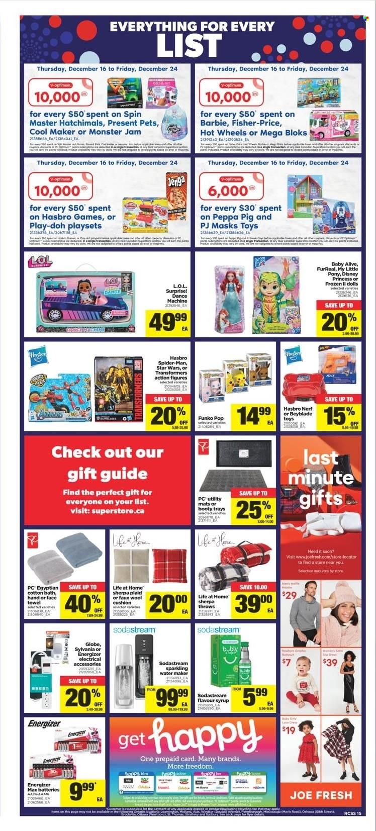 thumbnail - Real Canadian Superstore Flyer - December 16, 2021 - December 24, 2021 - Sales products - Disney, syrup, Monster, Hot Wheels, Avengers, Peppa Pig, Barbie, SodaStream, battery, Sylvania, cushion, towel, Optimum, TV, water maker, doll, FurReal, Mega Bloks, My Little Pony, play set, Hasbro, toys, Fisher-Price, princess, BeyBlade, L.O.L. Surprise, Energizer, Nerf, Play-doh, Hatchimals. Page 15.