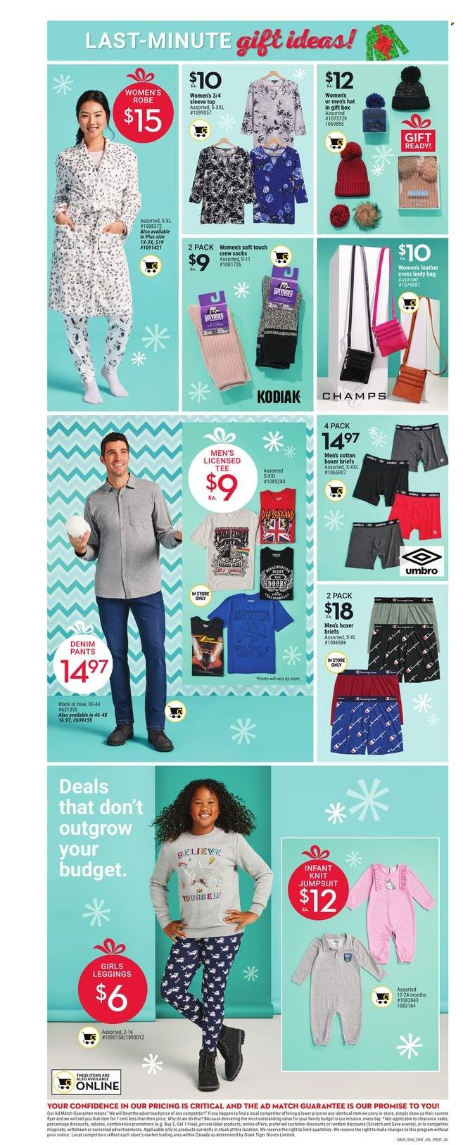 thumbnail - Giant Tiger Flyer - December 15, 2021 - December 21, 2021 - Sales products - pants, bag, gift box, jumpsuit, costume, t-shirt, leggings, socks, hat, cross body bag, briefs, robe, Umbro. Page 1.
