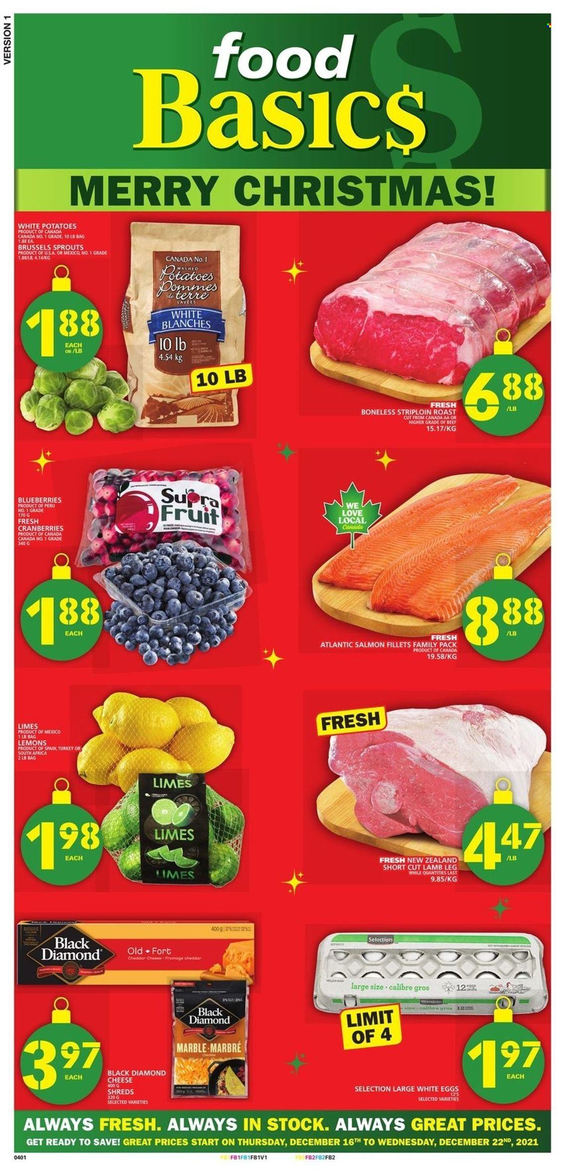 thumbnail - Food Basics Flyer - December 16, 2021 - December 22, 2021 - Sales products - potatoes, brussel sprouts, blueberries, limes, lemons, salmon, salmon fillet, cheese, eggs, cranberries, lamb meat, lamb leg. Page 1.
