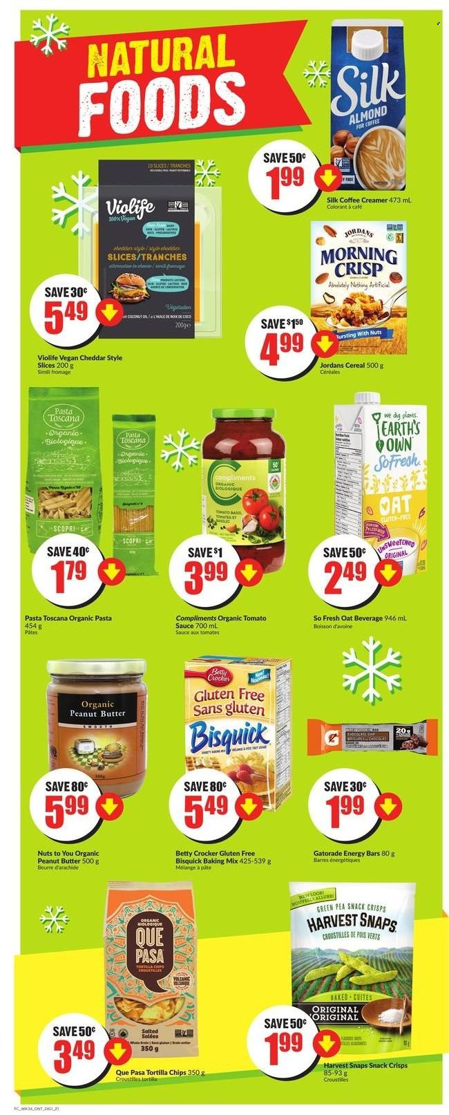 thumbnail - FreshCo. Flyer - December 16, 2021 - December 22, 2021 - Sales products - pasta, sauce, cheese, creamer, snack, tortilla chips, Bisquick, oats, Harvest Snaps, tomato sauce, cereals, energy bar, peanut butter, Gatorade, chips. Page 9.