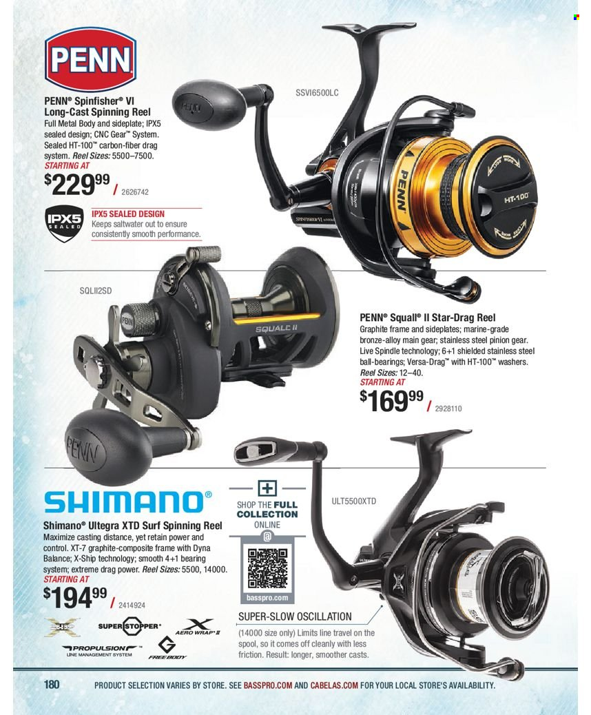 thumbnail - Bass Pro Shops Flyer - Sales products - Shimano, reel, spinning reel, fishing rod, Penn. Page 180.