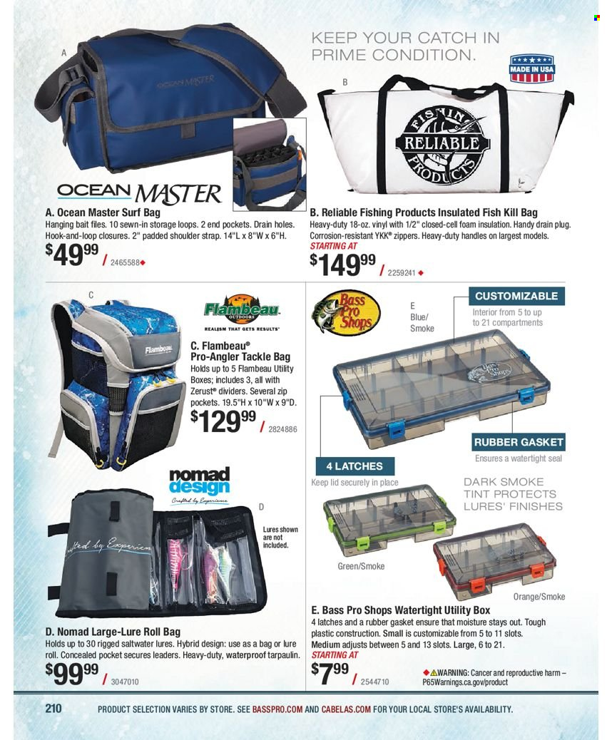 thumbnail - Bass Pro Shops Flyer - Sales products - Bass Pro, tackle bag, strap. Page 210.