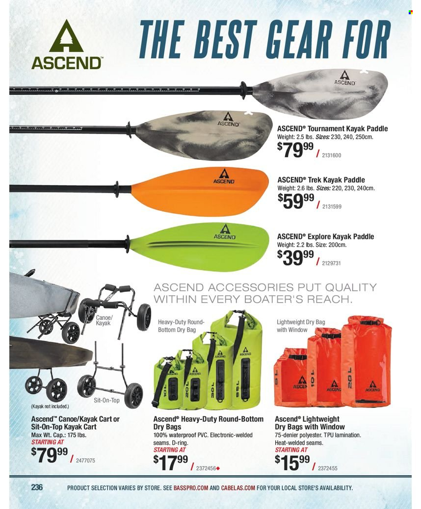 thumbnail - Bass Pro Shops Flyer - Sales products - kayak, kayak paddle, cart. Page 236.
