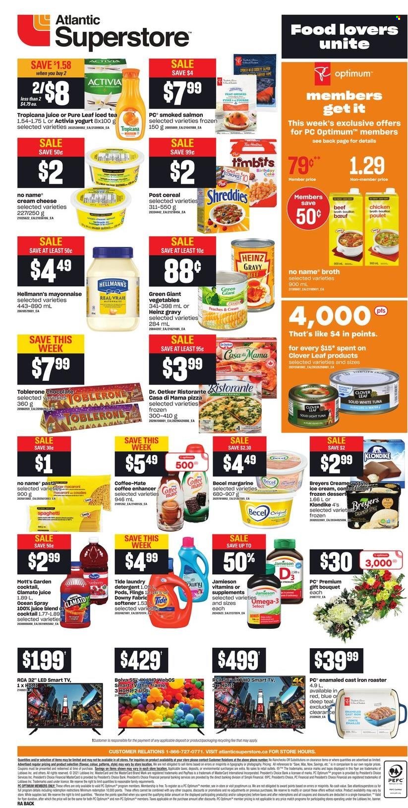 thumbnail - Atlantic Superstore Flyer - December 16, 2021 - December 21, 2021 - Sales products - cake, peaches, Mott's, salmon, smoked salmon, tuna, No Name, spaghetti, pizza, pasta, cream cheese, Dr. Oetker, Président, yoghurt, Clover, Activia, Coffee-Mate, margarine, mayonnaise, Hellmann’s, ice cream, Toblerone, beef broth, chicken broth, broth, Heinz, light tuna, cereals, juice, ice tea, Clamato, Pure Leaf, L'Or, Tide, fabric softener, Downy Laundry, Optimum, bouquet. Page 2.