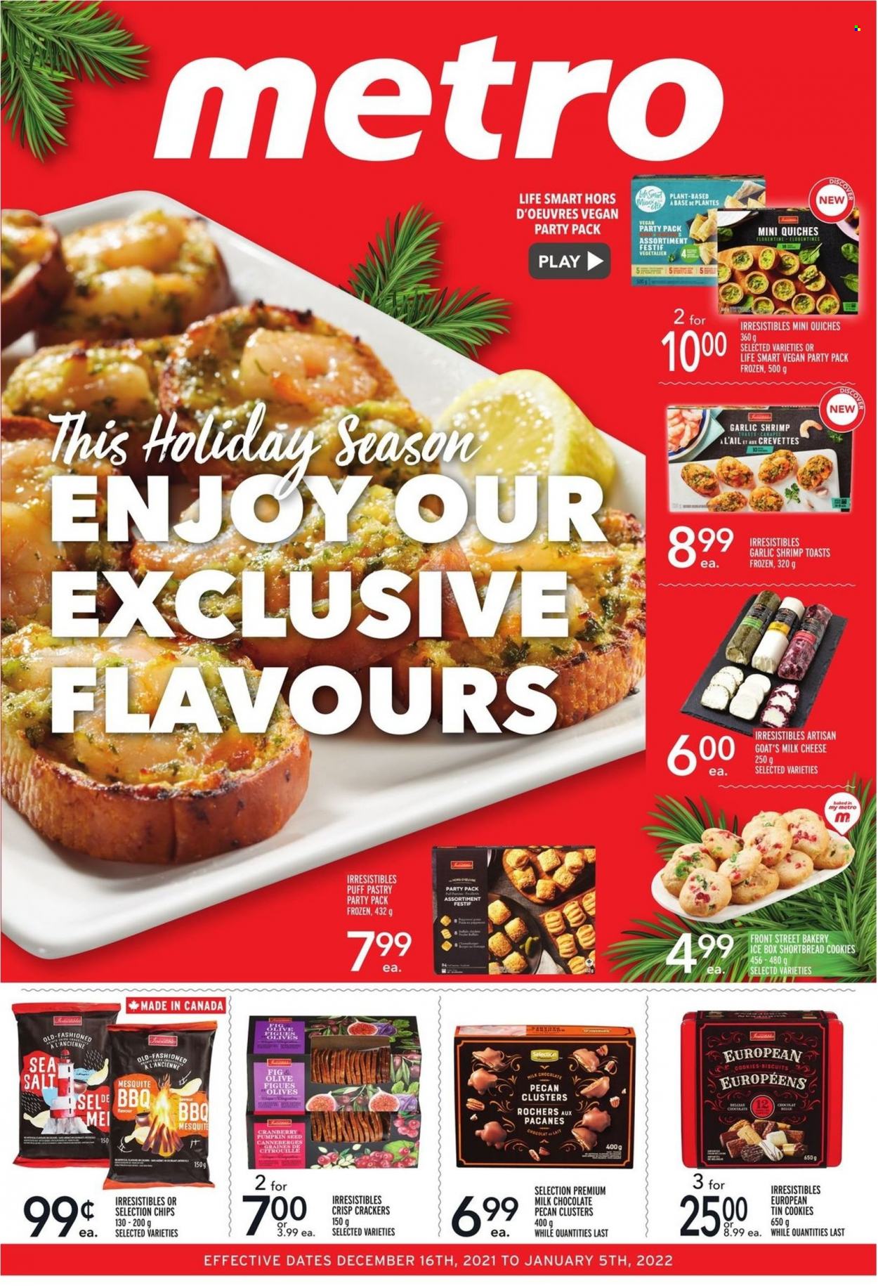 thumbnail - Metro Flyer - December 16, 2021 - January 05, 2022 - Sales products - garlic, shrimps, cheese, puff pastry, cookies, milk chocolate, chocolate, crackers, biscuit, ice box, olives. Page 1.