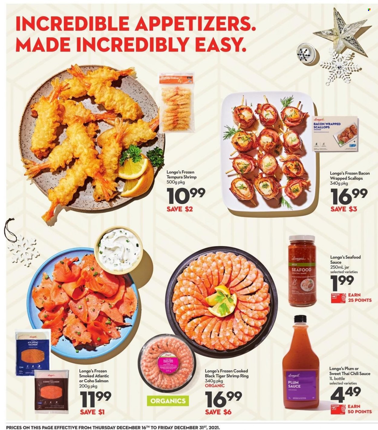 thumbnail - Longo's Flyer - December 16, 2021 - December 31, 2021 - Sales products - bacon wrapped scallops, salmon, scallops, seafood, shrimps, sauce, bacon, cocktail sauce, chilli sauce. Page 14.