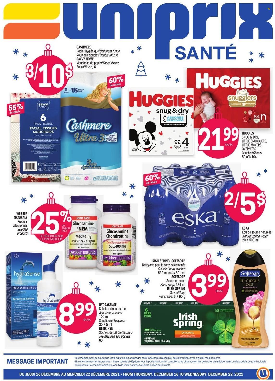 thumbnail - Uniprix Santé Flyer - December 16, 2021 - December 22, 2021 - Sales products - salt, spring water, nappies, bath tissue, Jet, Softsoap, hand soap, soap, Clinique, facial tissues, anti-perspirant, glucosamine, Huggies, deodorant. Page 1.