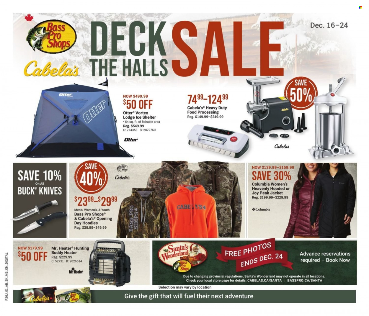 thumbnail - Bass Pro Shops Flyer - December 16, 2021 - December 24, 2021 - Sales products - Halls, Santa, Columbia, jacket, hoodie, Bass Pro, ice shelter. Page 1.