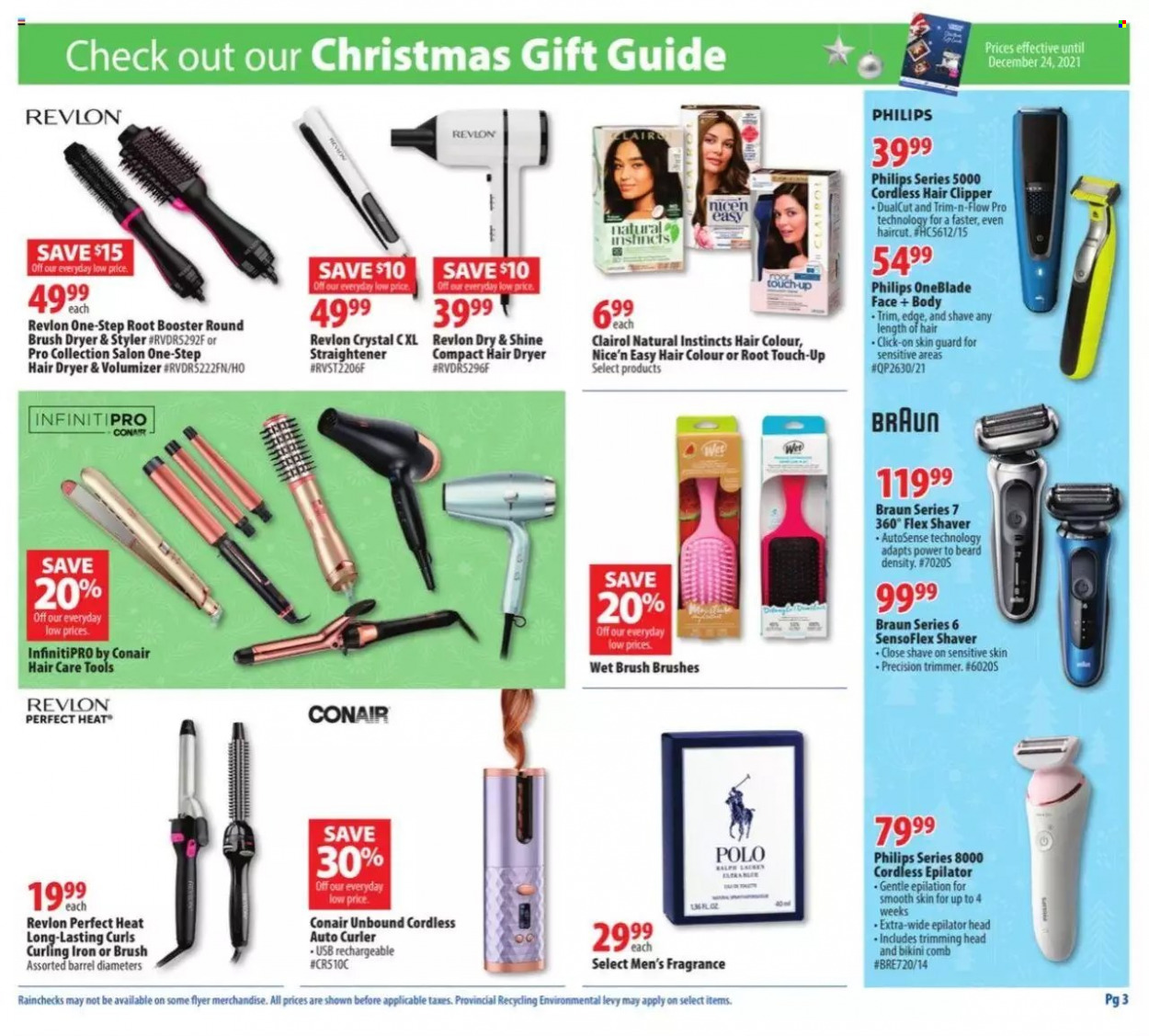 thumbnail - London Drugs Flyer - December 17, 2021 - December 24, 2021 - Sales products - Philips, Root Touch-Up, Clairol, Revlon, hair color, comb, fragrance, shaver, trimmer, brush, iron, epilator, hair clipper, curling iron, hair dryer, straightener, Braun. Page 3.