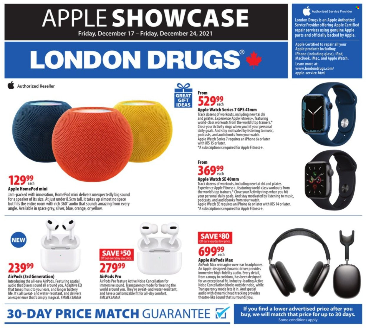 thumbnail - London Drugs Flyer - December 17, 2021 - December 24, 2021 - Sales products - iPad, fruit jam, cushion, iPhone, Apple Watch SE, MacBook, iMac, speaker, headphones, Airpods, Apple Watch. Page 1.