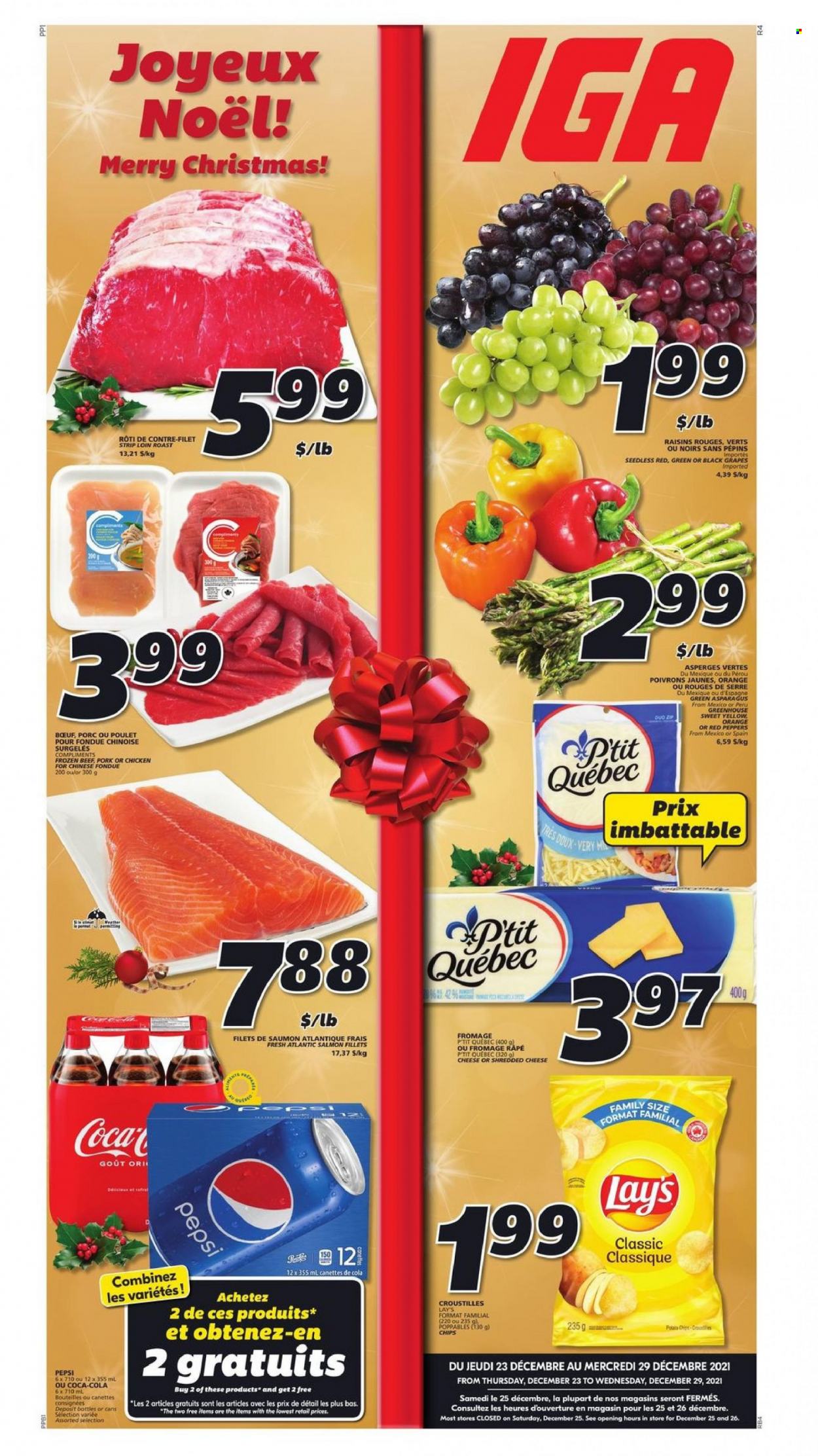 thumbnail - IGA Flyer - December 23, 2021 - December 29, 2021 - Sales products - peppers, red peppers, grapes, salmon, salmon fillet, shredded cheese, Lay’s, dried fruit, Coca-Cola, Pepsi, raisins, oranges. Page 1.