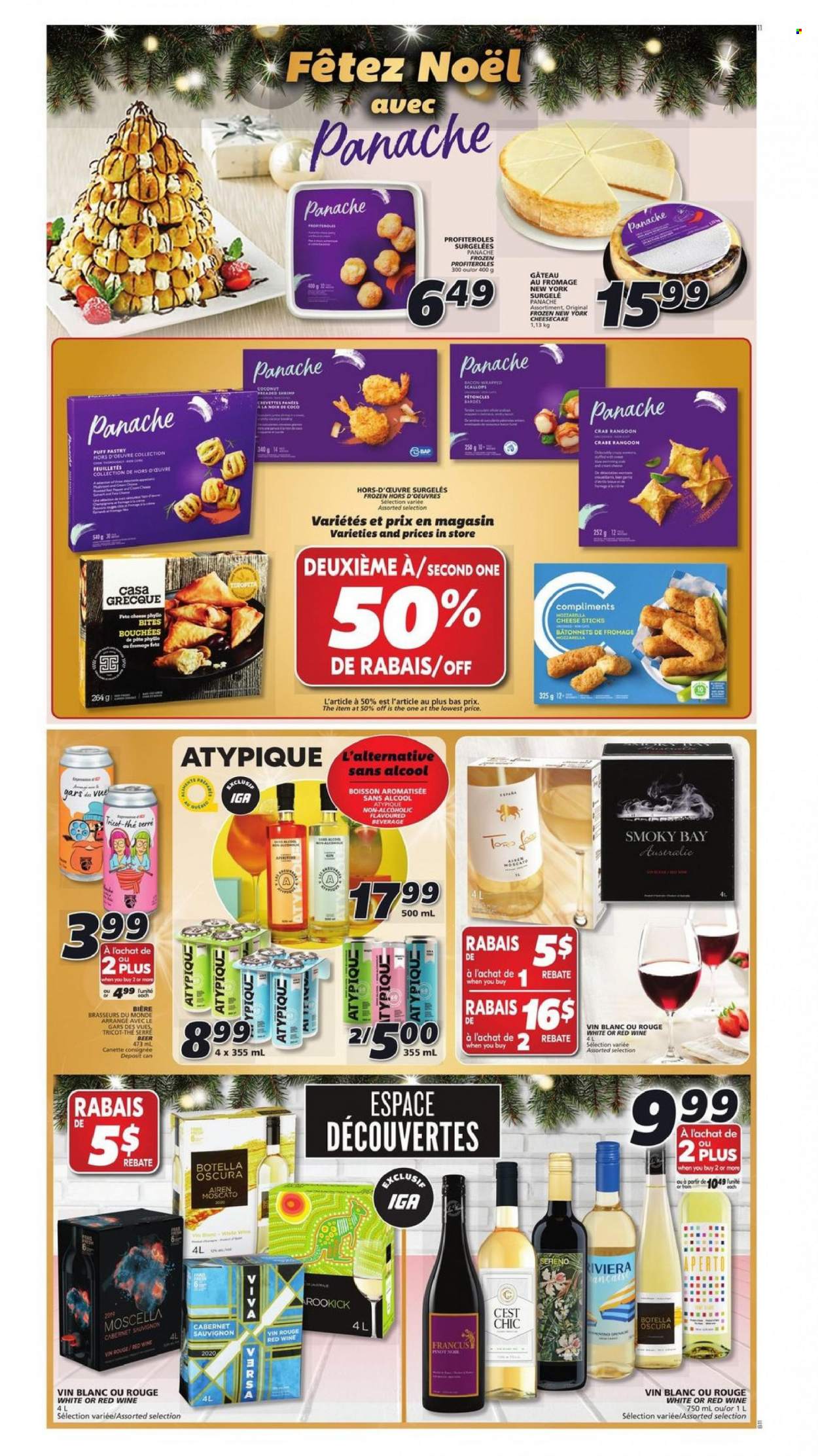 thumbnail - IGA Flyer - December 23, 2021 - December 29, 2021 - Sales products - cheesecake, bacon wrapped scallops, scallops, bacon, cheese, puff pastry, cheese sticks, Cabernet Sauvignon, red wine, wine, Moscato, beer. Page 11.