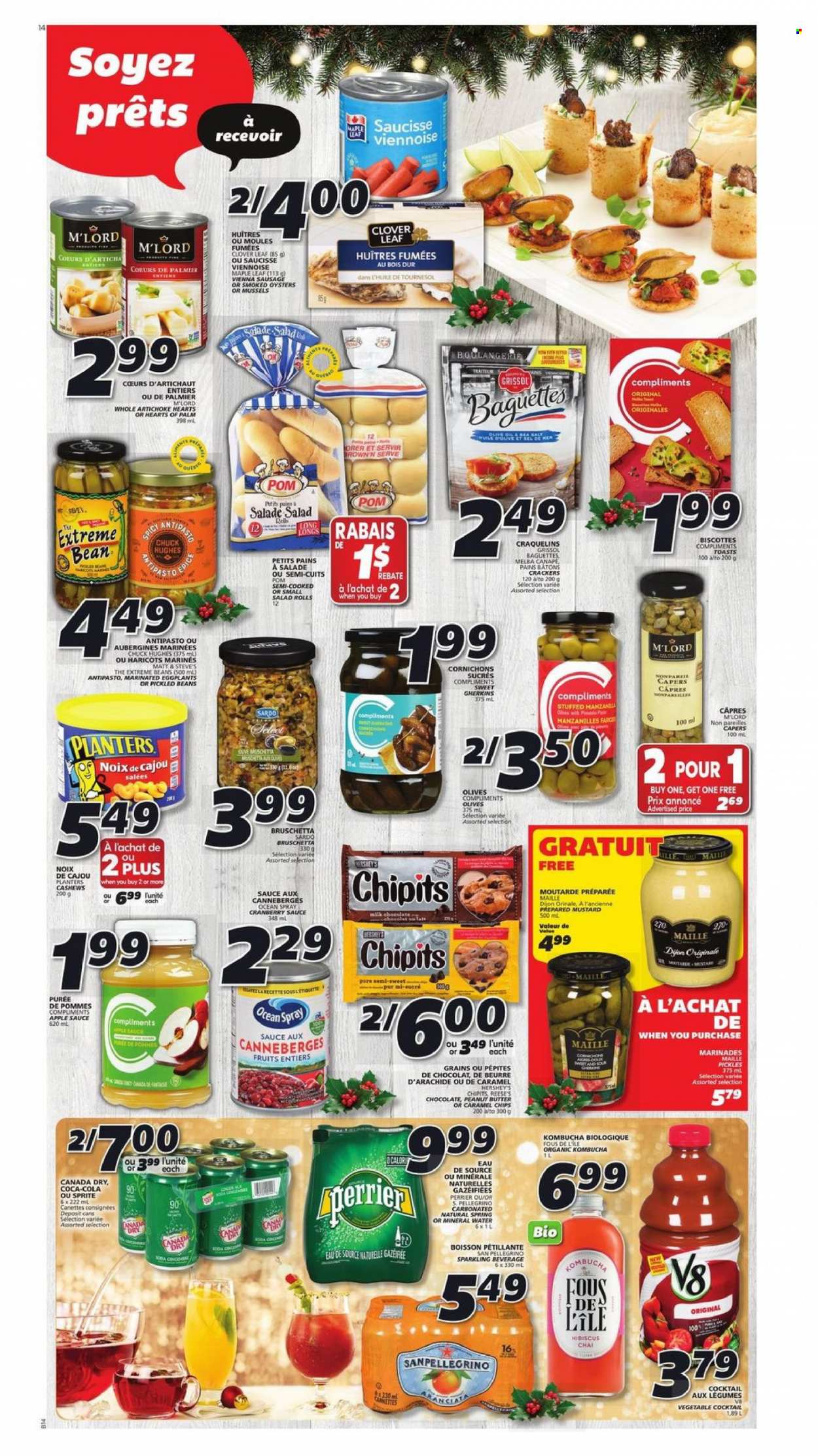thumbnail - IGA Flyer - December 23, 2021 - December 29, 2021 - Sales products - artichoke, beans, hearts of palm, salad, eggplant, mussels, smoked oysters, oysters, sauce, bruschetta, sausage, vienna sausage, Clover, Reese's, Hershey's, chocolate, crackers, capers, pickles, mustard, olive oil, oil, apple sauce, cranberry sauce, peanut butter, cashews, Planters, Canada Dry, Sprite, Perrier, mineral water, soda, San Pellegrino, kombucha, baguette, olives, chips. Page 14.
