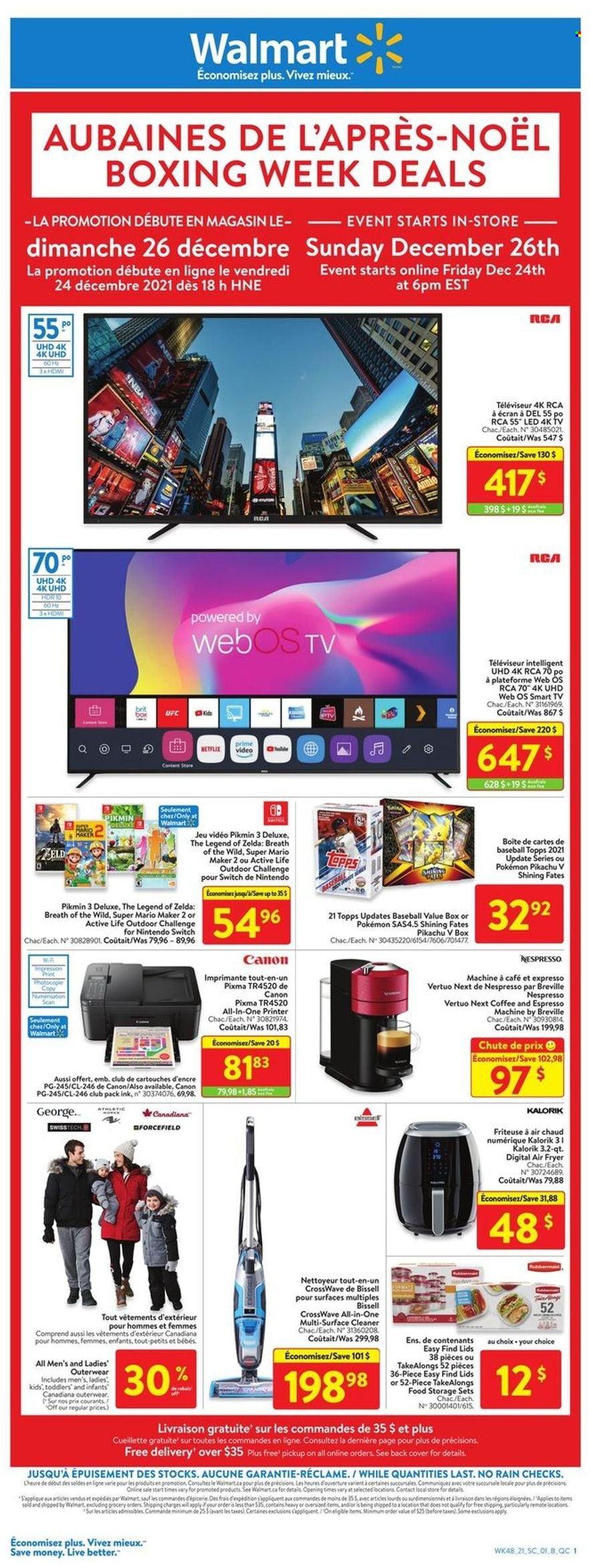 Walmart Flyer - December 26, 2021 - December 29, 2021 - Sales products - Nintendo Switch, webos, coffee, Nespresso, surface cleaner, cleaner, Pokémon, RCA, Pikachu, TV, coffee machine, espresso maker, Bissell, air fryer, all-in-one printer, printer, Canon, smart tv. Page 1.