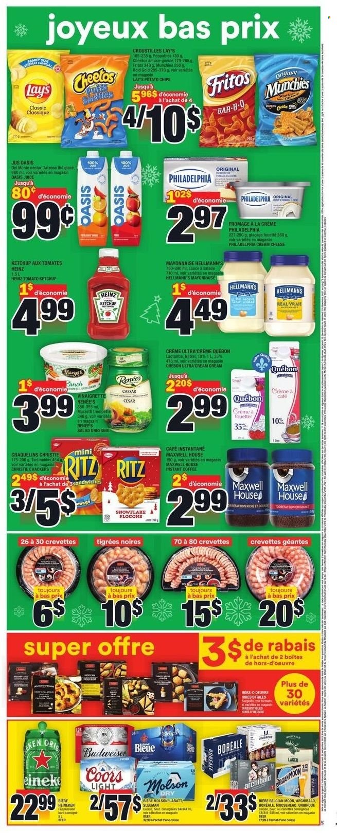 thumbnail - Super C Flyer - December 23, 2021 - December 29, 2021 - Sales products - mayonnaise, Hellmann’s, crackers, RITZ, Fritos, potato chips, Lay’s, Heinz, salad dressing, vinaigrette dressing, dressing, juice, Maxwell House, instant coffee, beer, Heineken, Lager, Budweiser, ketchup, Philadelphia, chips, Coors. Page 2.