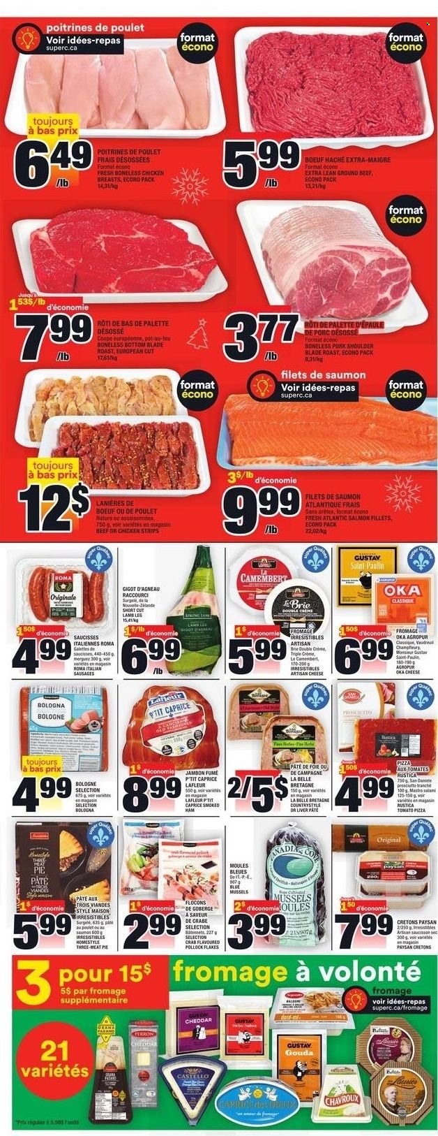 thumbnail - Super C Flyer - December 23, 2021 - December 29, 2021 - Sales products - pie, mussels, salmon, salmon fillet, pollock, crab, pizza, ham, prosciutto, smoked ham, bologna sausage, sausage, gouda, cheddar, brie, strips, chicken strips, chicken breasts, beef meat, ground beef, pork meat, pork shoulder, lamb meat, lamb leg, Palette, camembert. Page 4.