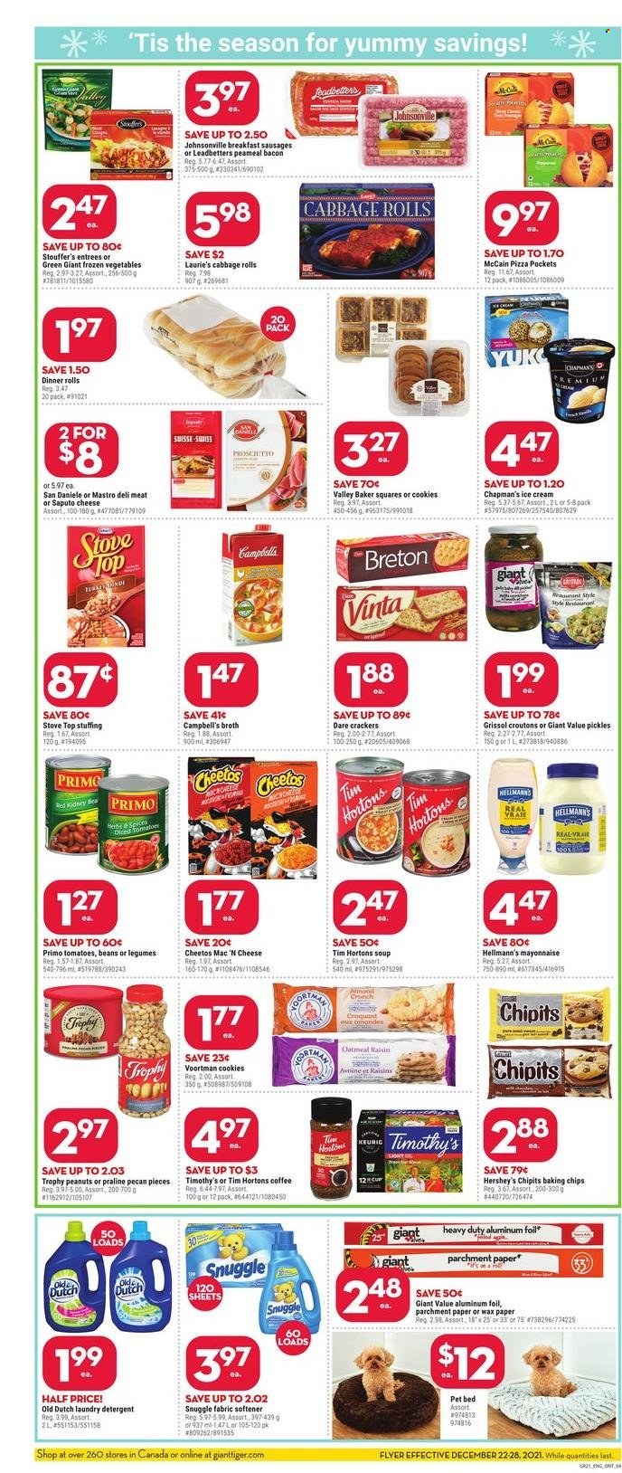 thumbnail - Giant Tiger Flyer - December 22, 2021 - December 28, 2021 - Sales products - dinner rolls, cabbage, Campbell's, pizza, soup, bacon, sausage, mayonnaise, Hellmann’s, ice cream, Hershey's, frozen vegetables, Stouffer's, McCain, cookies, crackers, Cheetos, croutons, broth, baking chips, pickles, peanuts, coffee, L'Or, Keurig, Snuggle, fabric softener, laundry detergent, aluminium foil, paper, pet bed, detergent. Page 3.
