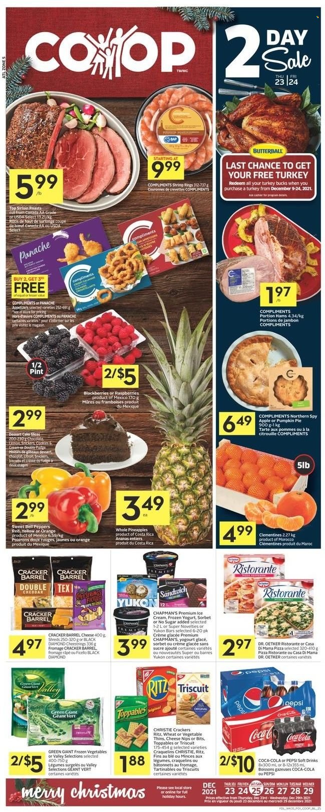 thumbnail - Co-op Flyer - December 23, 2021 - December 29, 2021 - Sales products - cake, pie, bell peppers, pumpkin, peppers, blackberries, clementines, pineapple, shrimps, pizza, Butterball, string cheese, Dr. Oetker, yoghurt, ice cream, frozen vegetables, cookies, fudge, Snickers, crackers, biscuit, NIPS, RITZ, Thins, Coca-Cola, Pepsi, soft drink, oranges. Page 1.
