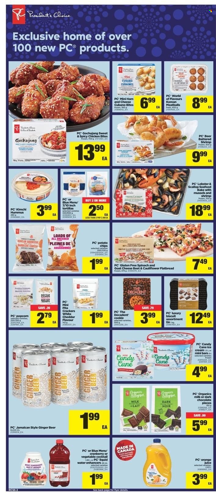 thumbnail - Real Canadian Superstore Flyer - December 26, 2021 - December 29, 2021 - Sales products - tortillas, pita, flatbread, spinach, lobster, mussels, scallops, seafood, shrimps, meatballs, ham, hummus, goat cheese, organic milk, chicken bites, chocolate, candy cane, crackers, biscuit, orange juice, juice, L'Or, beer, ginger beer. Page 2.